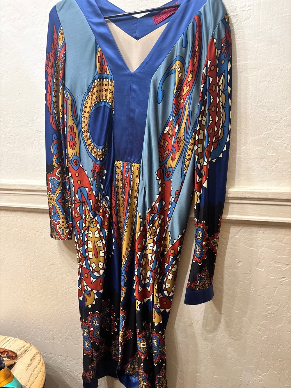 Melissa Masse Made to Measure 100% Silk Paisley Maxi Dress Small Lapis Blue USA